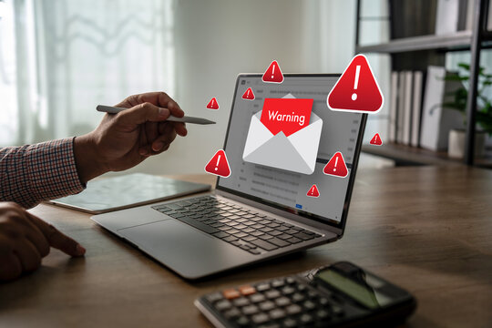 phishing Email attachment warning men using smartphones warning alert, email hack SMS spam, fake text message phishing