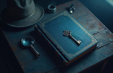 Vintage key and magnifying glass on old blue book cover. Detective hat sits on dark wooden desk. Scene suggests crime story investigation secret mystery or complex puzzle to be solved.