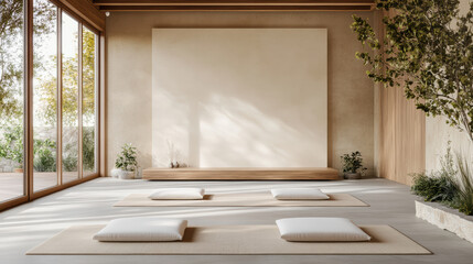 Warm meditation studio with earth tone decor features large windows, soft cushions, and natural light creating serene atmosphere