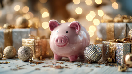 A pink piggy bank sits among beautifully wrapped gifts and shiny ornaments, creating a joyful holiday atmosphere with warm bokeh lights