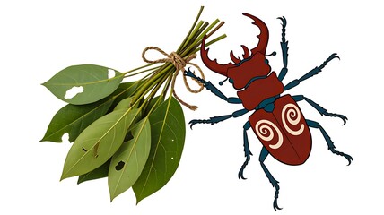 Colorful decorative beetle with green leaves creative nature illustration
