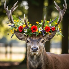 A majestic deer with large antlers adorned with vibrant flowers and greenery in a peaceful natural forest setting during daytime