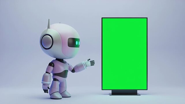 Cute robot presenting information on vertical green screen display digital technology