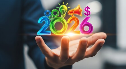 A hand presenting the year two thousand twenty six with icons above