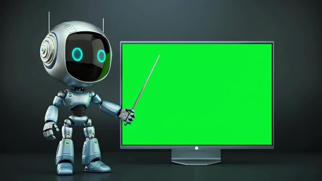 Friendly metallic robot points to a blank green screen monitor for presentation