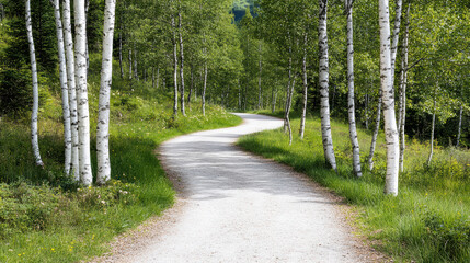 Fototapeta premium Winding path through birch forest in springtime, surrounded by lush green grass and vibrant foliage, creates serene and peaceful atmosphere
