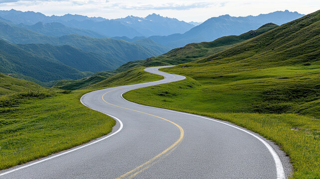 Winding mountain road with sharp turns offers panoramic view of lush green hills and distant peaks under cloudy sky. serene landscape invites exploration and adventure - Powered by Adobe