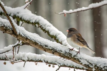 Little Sparrow perched on snowy branch with forest blur behind