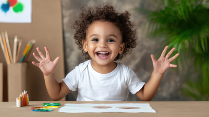 Joyful young child with curly hair is painting with watercolors at low table, surrounded by art supplies and plant in background