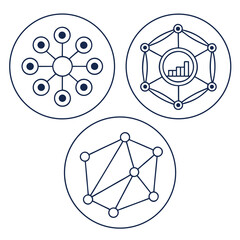 Collection of three distinct network icons, each representing a different type of connection and data flow in a modern system