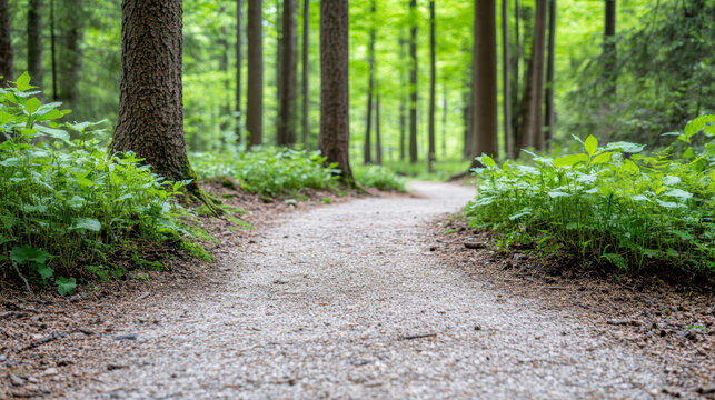 Woodland trail in early spring with new buds on trees and fresh green foliage, creating serene and inviting atmosphere