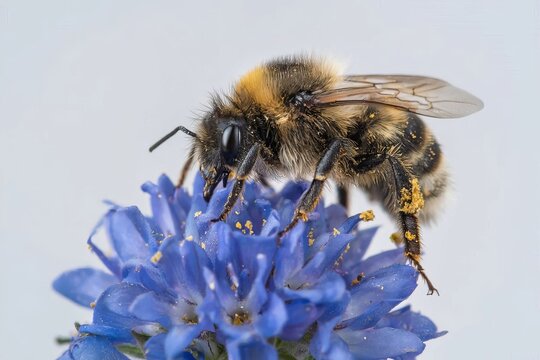 A bee is perched on a blue flower on a white background.