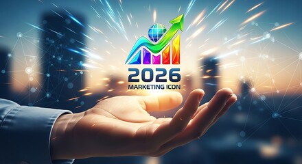 Hand presenting a marketing icon with cityscape and light effects
