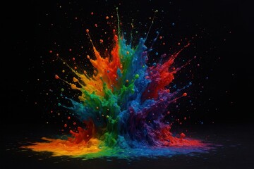 Obraz premium A vibrant explosion of colored powder in rainbow hues against a black background. The scene captures dynamic movement and energy.