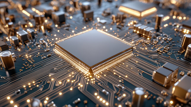 Close up of microchip on circuit board with glowing connections, showcasing precision and technology. soft light and bokeh effect create high tech atmosphere