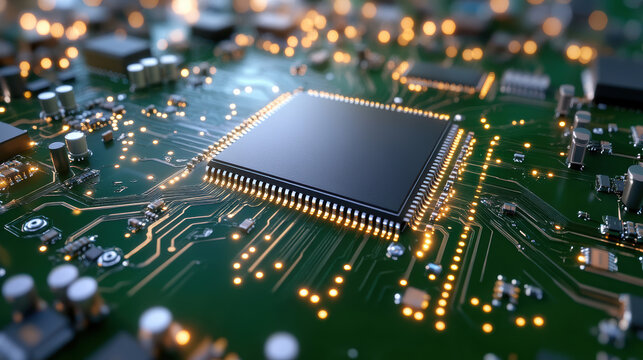 Close up of microchip on circuit board with glowing lights, showcasing precision and technology in high fidelity electronic environment