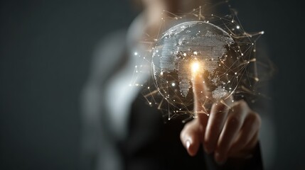 A businesswoman interacts with a digital globe, symbolizing innovation and technology in the modern world.