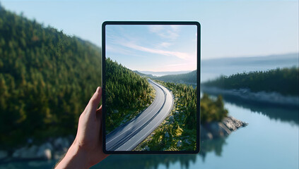 A hand holding a tablet displaying a picturesque road winding through lush nature, merging technology and scenery.