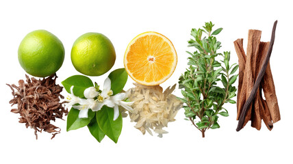 Citrus, florals, spices, and aromatic greens on a black background
