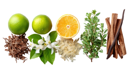 Citrus, florals, spices, and aromatic greens on a black background