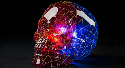 Abstract geometric skull with red and blue glowing lights on a dark background