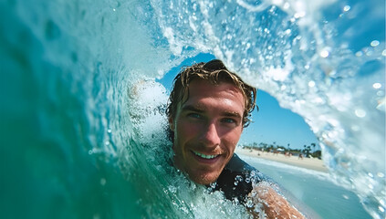 A joyful surfer capturing a moment while riding a wave in sunny conditions, showcasing thrill and adventure.