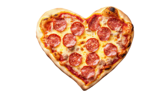 Heart shape pizza slice with melted cheese and tomato topping, romantic food concept perfect for Valentine’s Day celebration