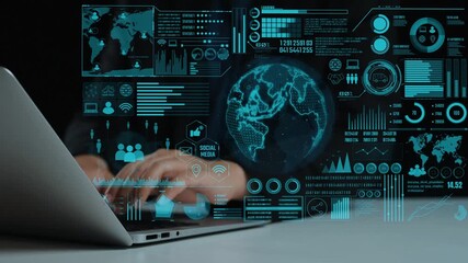 A laptop displays vibrant data graphics and analytics overlaid on a world map, illustrating global communication networks and technology trends in a modern workspace. Cipher - Powered by Adobe