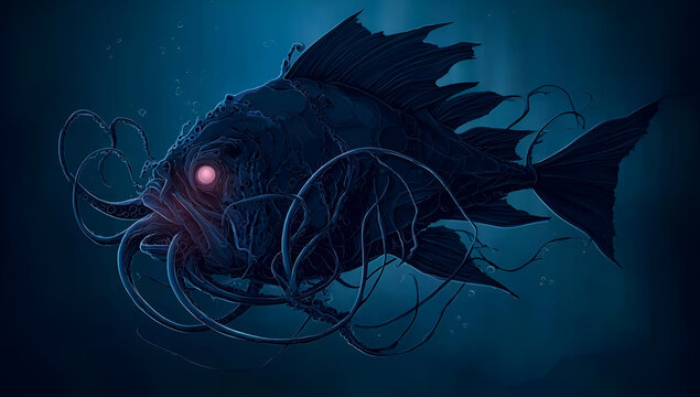A mysterious deep-sea creature with glowing eyes and tentacles, showcasing the wonders of oceanic life.