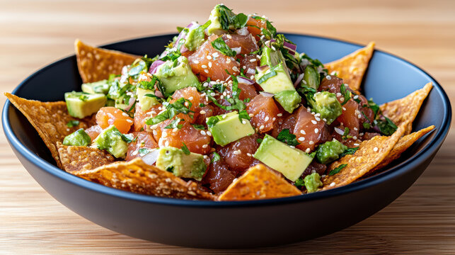 Ahi poke nachos with crispy wonton chips, avocado, and onion in black bowl, garnished with sesame seeds and herbs, creating vibrant and appetizing dish
