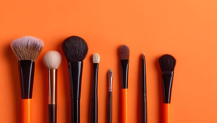 A vibrant arrangement of makeup brushes on an orange background, showcasing variety and color for beauty enthusiasts.