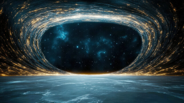 Mesmerizing abstract scene of glowing cosmic portal surrounded by swirling stars and reflective icy surface, evoking sense of wonder and mystery