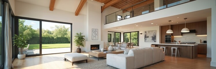 Modern luxury home interior features spacious open concept living room, kitchen, loft. High vaulted wood ceilings, large glass doors offer green backyard views. Bright sunlight fills contemporary