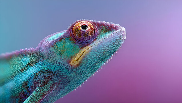 Close-up of a colorful chameleon displaying vibrant hues and textures against a soft gradient background.