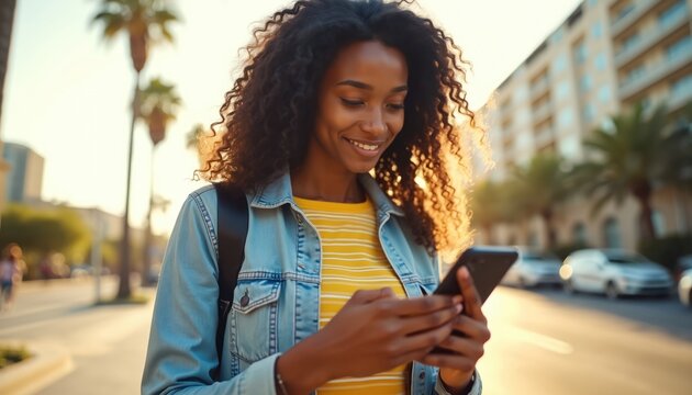 Smiling african woman types on phone in city. Girl wears denim jacket, striped shirt. Curly hair frames face in warm light. Palms and buildings line street background.