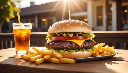 Delicious gourmet burger with fries and iced tea on a wooden table outdoors