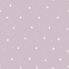 Minimalistic pattern with stars on a pink background. Small white stars in a sky. Childish baby naive drawing, seamless background. Can be used for fabric, textiles, wallpaper, printing, web design.