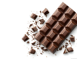 Delicious milk chocolate bar surrounded by broken pieces on a white background.