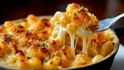 Delicious creamy macaroni and cheese served with a crispy golden crust and served in a traditional dish.