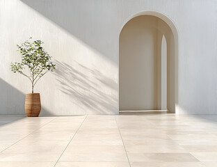 Minimalist interior with a stylish arch, light tones, and a potted plant creating a serene atmosphere.