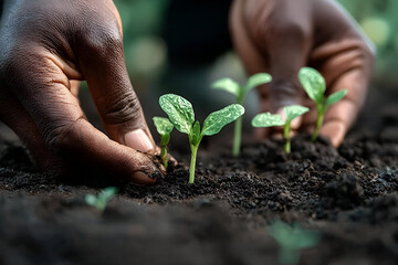 Growing seedlings in rich soil, showcasing the nurturing act of planting for a sustainable future.