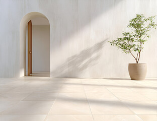 Modern interior with a minimalist design featuring an archway, soft natural light, and a potted plant.