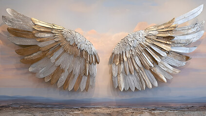 Stunning angel wings sculpture capturing beauty and freedom in a serene background. Perfect for inspirational themes.