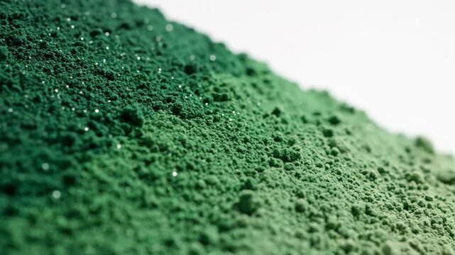 Macro close up shot of green spirulina powder superfood.