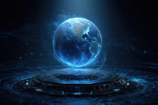 Futuristic glowing blue energy sphere containing planet earth on a circular platform with digital patterns