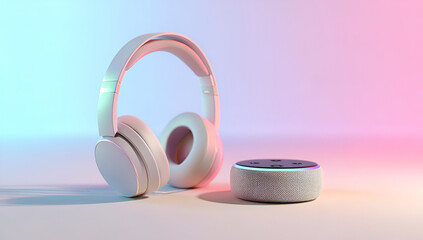 Stylish wireless headphones and smart speaker on a colorful backdrop, perfect for modern music and tech lovers.