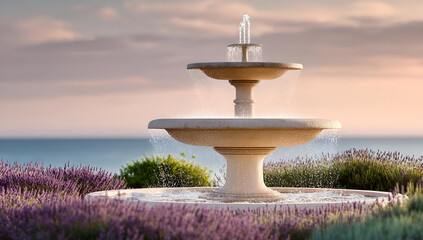 Tranquil fountain amidst vibrant lavender fields by the sea, capturing serene moments in nature's embrace.