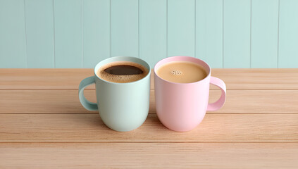 Two colorful mugs filled with coffee on a wooden table, perfect for cozy moments and coffee lovers.