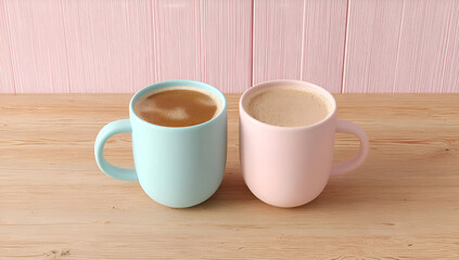 Two colorful mugs filled with coffee on a wooden surface, perfect for cozy coffee moments and aesthetic presentations.
