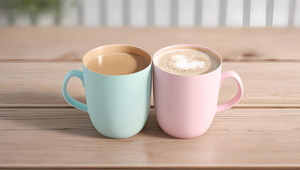 Two colorful mugs on a wooden table, one filled with creamy coffee, perfect for cozy moments.